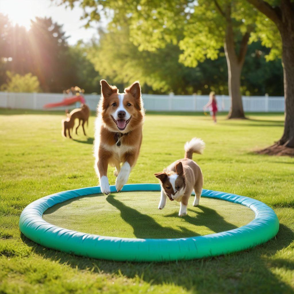 A vibrant dog park scene bustling with happy dogs of various breeds playing fetch, jumping through hoops, and interacting with their owners. Sunlight filters through lush green trees, creating playful shadows on the grass. Include a cheerful child throwing a frisbee and a background of colorful dog agility equipment. The atmosphere is joyful and energetic, filled with laughter and wagging tails. super-realistic. vibrant colors. bright sky.