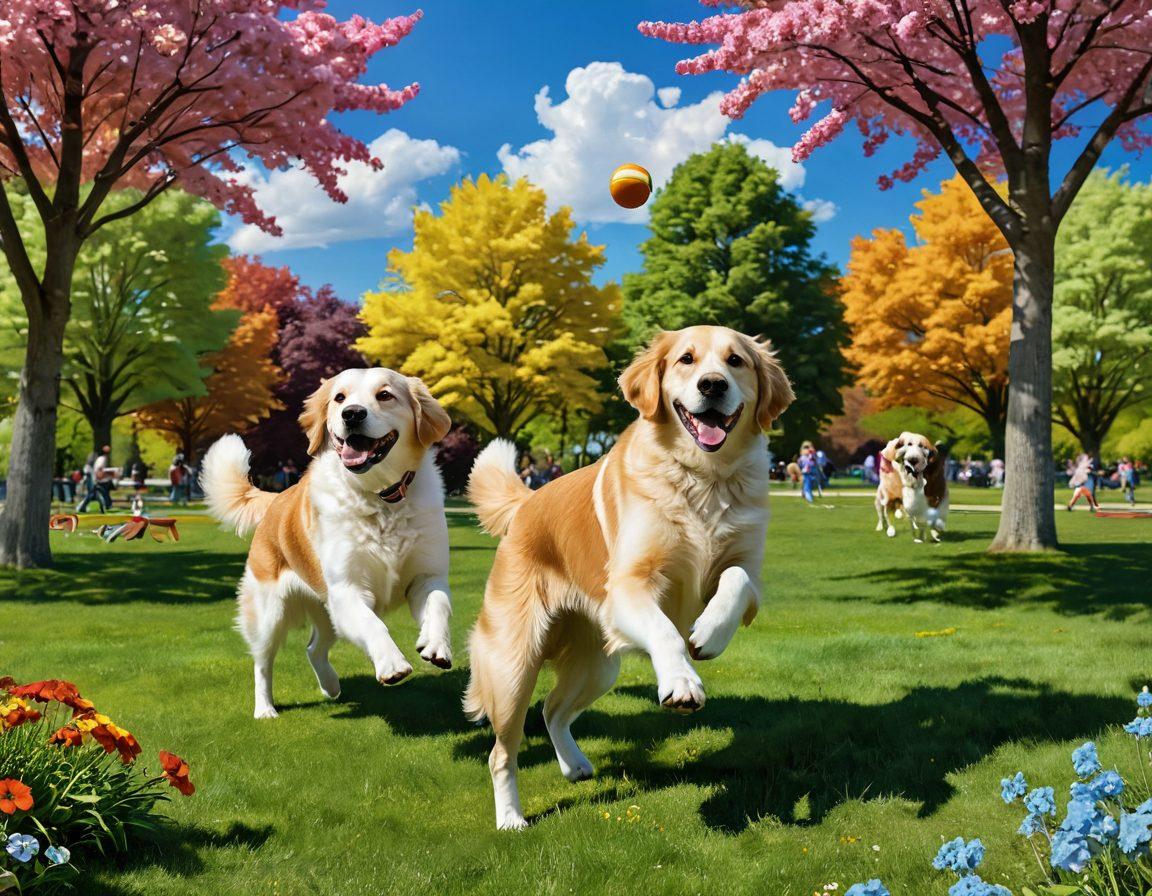 A lively park scene filled with various dog breeds joyfully playing together. Capture a golden retriever racing with a frisbee, a beagle sniffing around the trees, and a poodle frolicking in the grass. Include playful children and owners enjoying the day while colorful flowers bloom around the park. Illustrate bright blue skies and fluffy clouds above. super-realistic. vibrant colors.