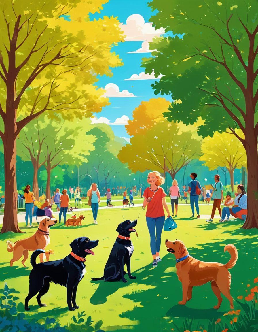A vibrant scene in a sunny park filled with joyful dog owners interacting with their dogs of various breeds, showcasing a community atmosphere. Include people chatting, dogs playing together, and colorful pet accessories like colorful collars and toys, symbolizing connection and happiness among pet lovers. Lush green trees and a blue sky enhance the uplifting vibe. cartoon style. vibrant colors. sunny background.